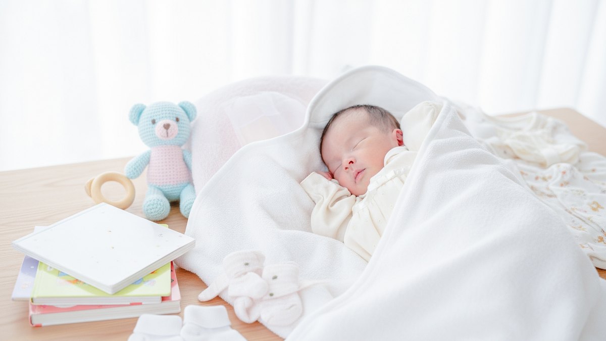 ベビーベッドで眠る新生児