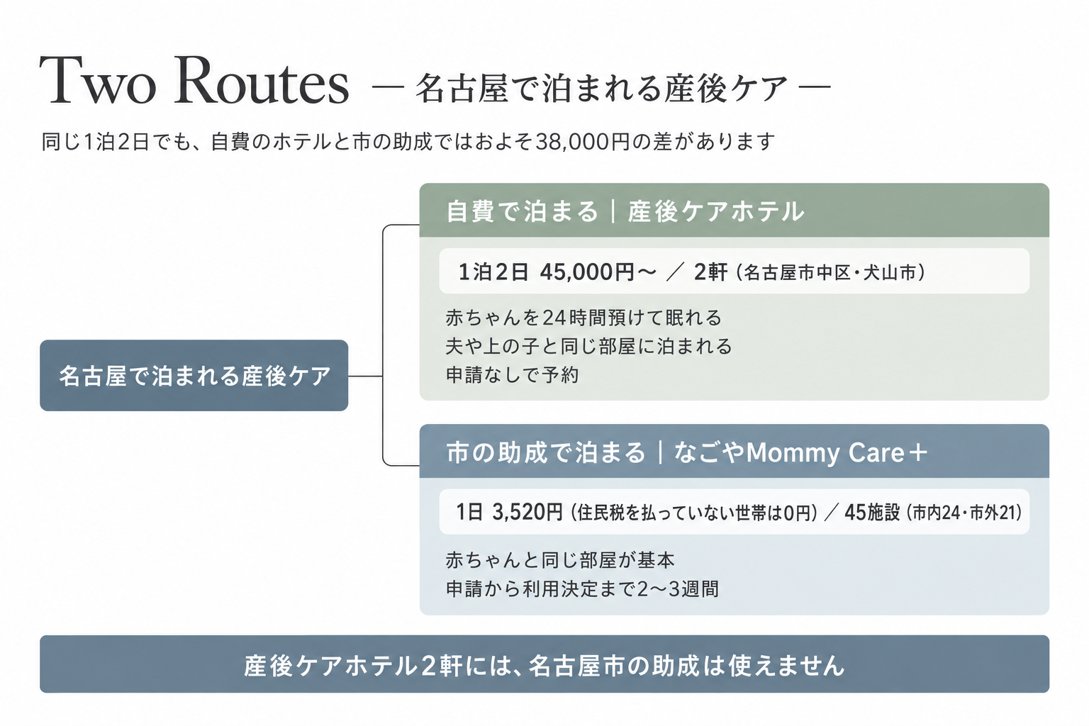 名古屋で泊まれる産後ケアは、自費の産後ケアホテル2軒と名古屋市の助成が使える45施設に分かれ、ホテルには助成が使えないことを示す図