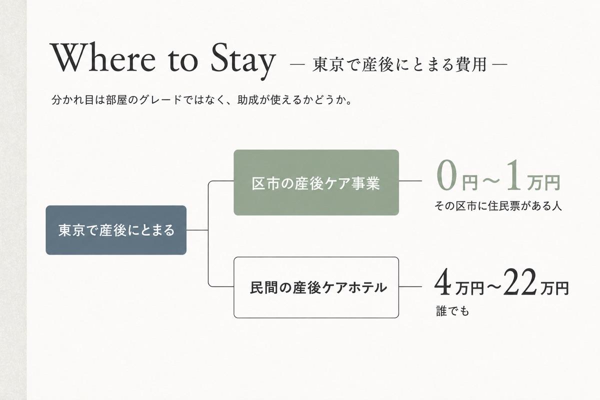 東京で産後にとまる費用は区市の産後ケア事業なら0円から1万円、民間の産後ケアホテルなら4万円から22万円