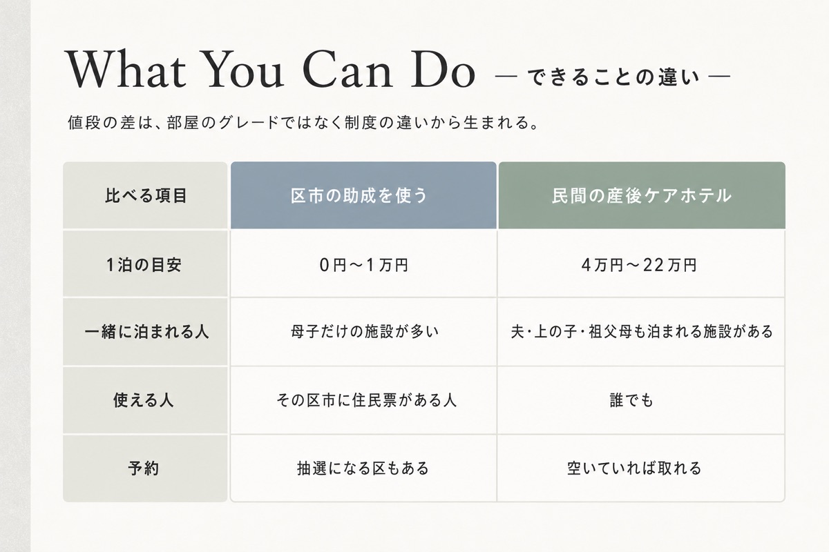 区市の助成は母子だけの施設が多く抽選になる区もあるが、民間の産後ケアホテルは家族も泊まれて空いていれば取れる