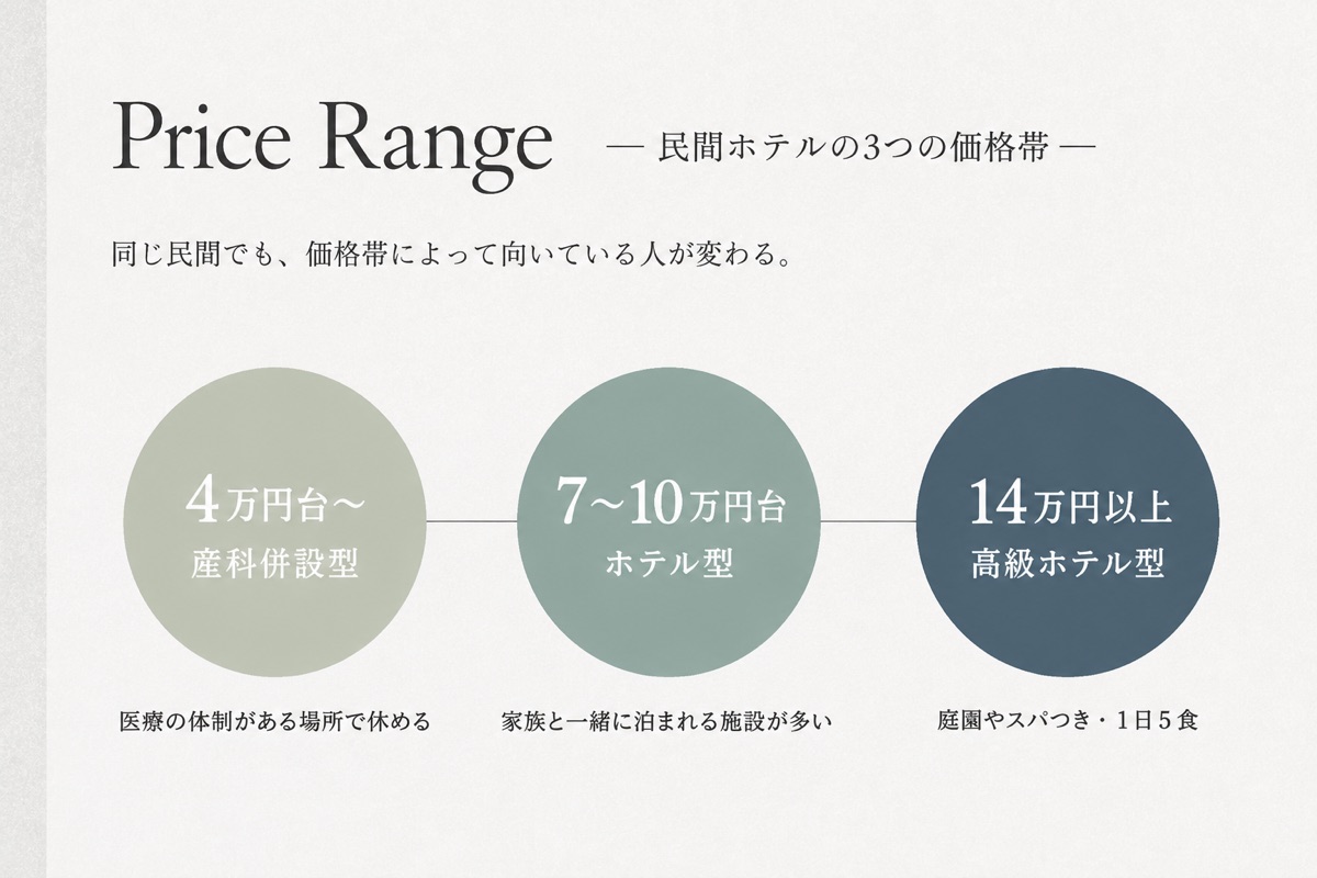 東京の民間産後ケアホテルは4万円台の産科併設型、7〜10万円台のホテル型、14万円以上の高級ホテル型の3つに分かれる